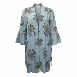 BKE Boutique Women's Boho Blue Black Floral Bell Sleeve Open Kimono Cardigan L